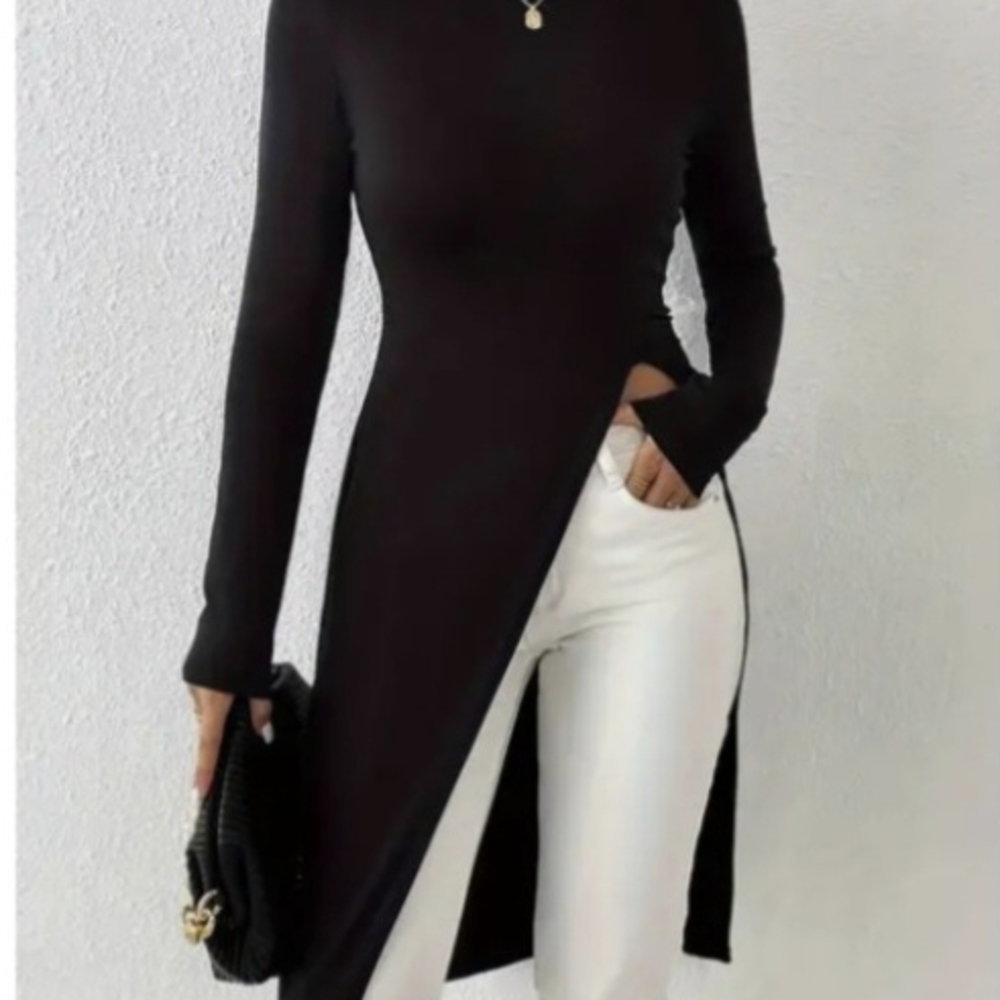 Black Mock Neck Long Sleeve Blouse
